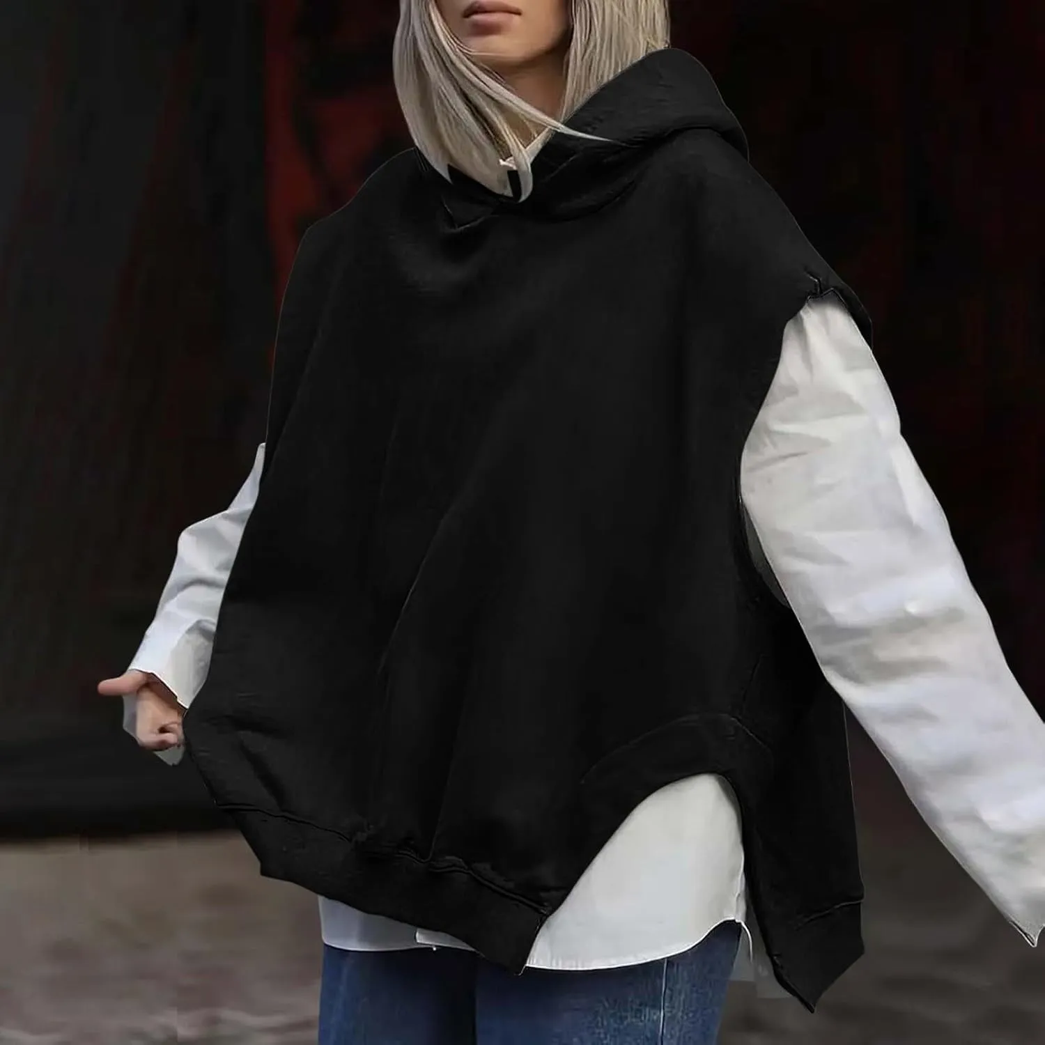Women'S Fashion Solid Hoodies Sweatshirts Sleeveless Drawstring Oversized Tops Cropped Hoodies for Women