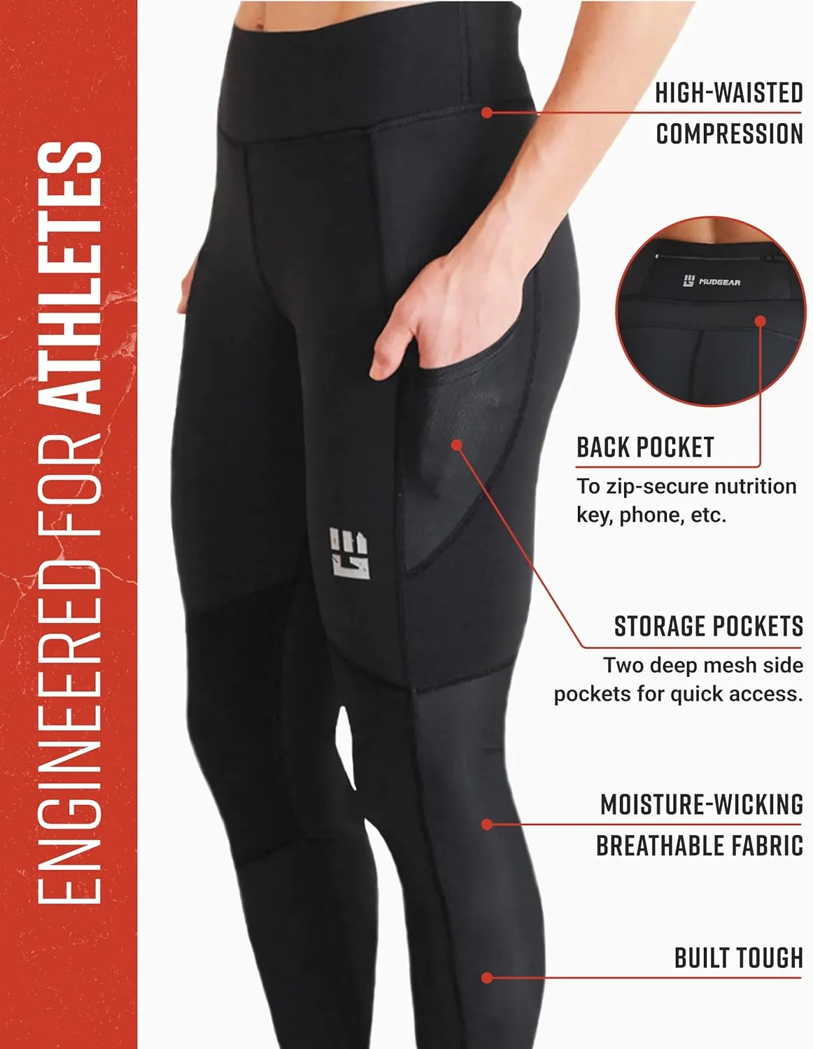 Women's Flex-Fit Compression Leggings, Full-Length, High-Waisted Workout Pants with Pockets & Secure Drawstring