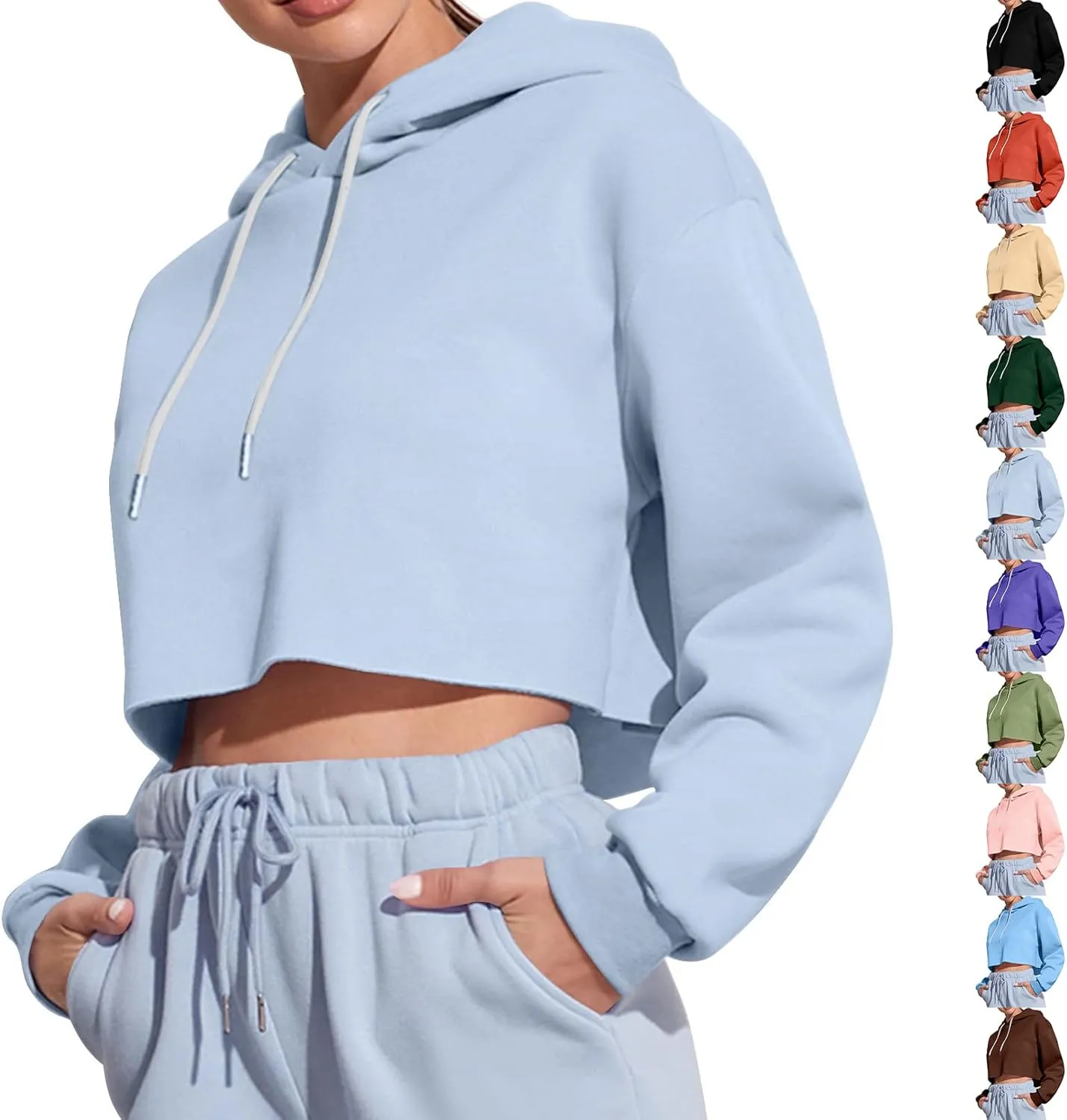 Womens Hoodies Long Sleeve Cropped Hoodies Pullover Drop Shoulder Drawstring Comfort Fall Sweatshirts Cute Hoodies