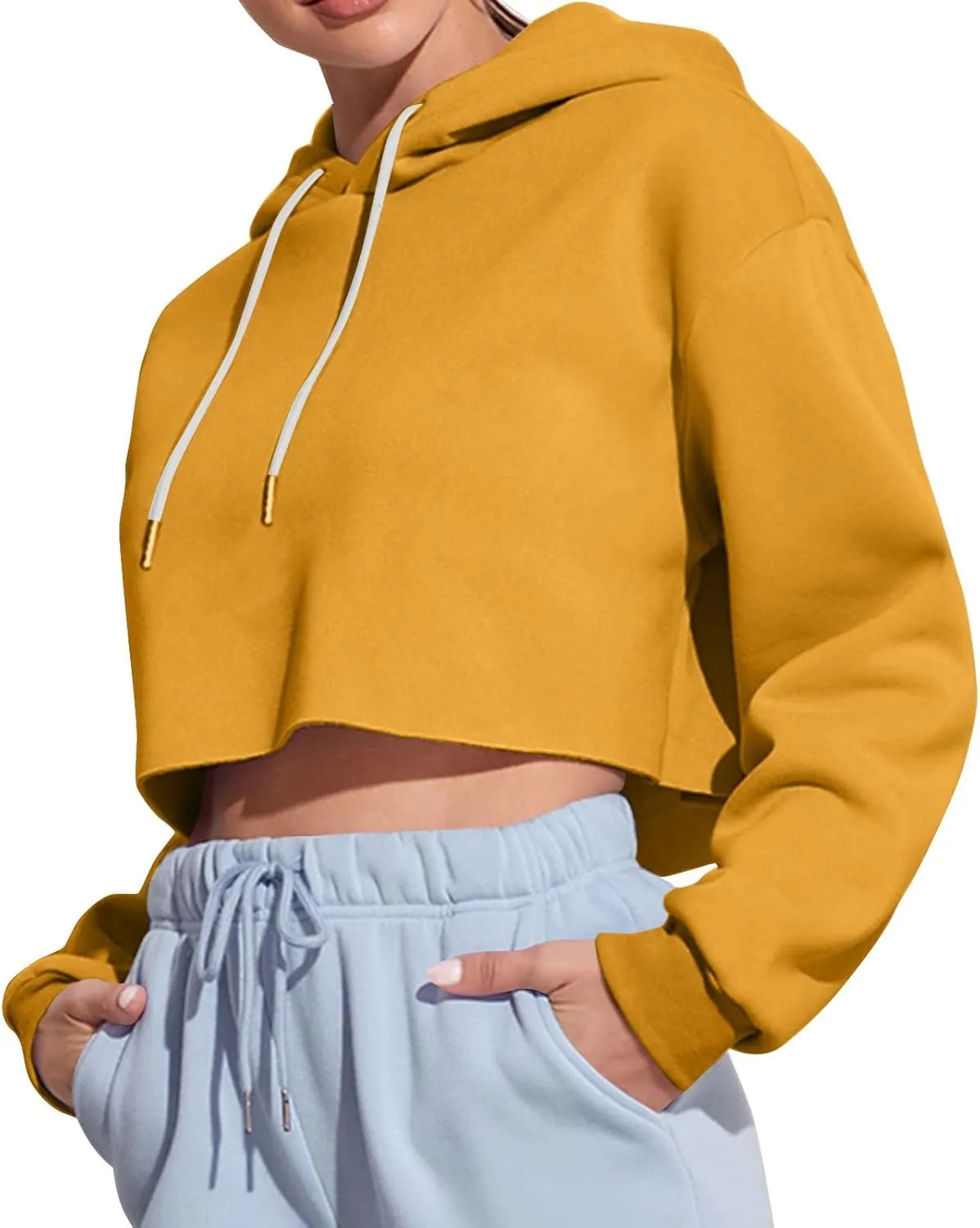 Womens Hoodies Long Sleeve Cropped Hoodies Pullover Drop Shoulder Drawstring Comfort Fall Sweatshirts Cute Hoodies