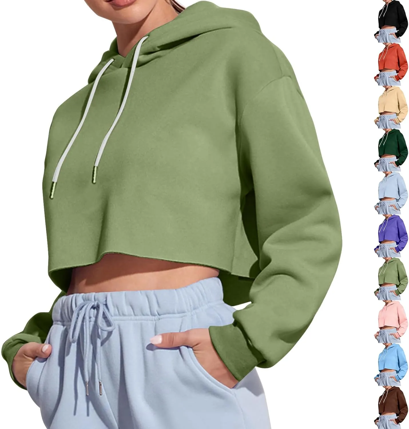 Womens Hoodies Long Sleeve Cropped Hoodies Pullover Drop Shoulder Drawstring Comfort Fall Sweatshirts Cute Hoodies