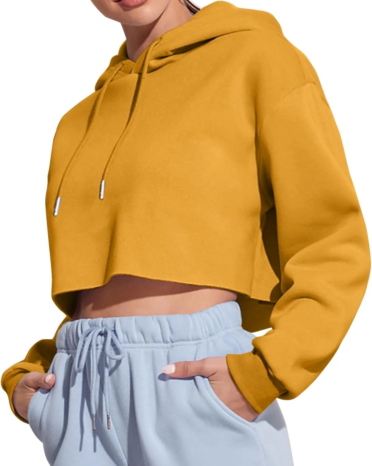 Womens Hoodies Long Sleeve Cropped Hoodies Pullover Drop Shoulder Drawstring Comfort Fall Sweatshirts Cute Hoodies