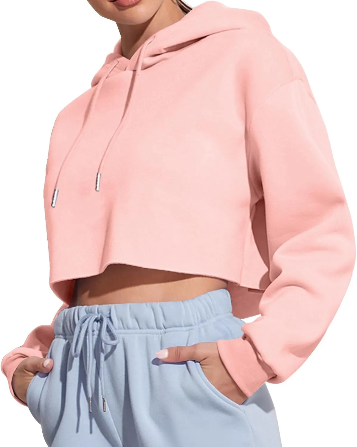 Womens Hoodies Long Sleeve Cropped Hoodies Pullover Drop Shoulder Drawstring Comfort Fall Sweatshirts Cute Hoodies