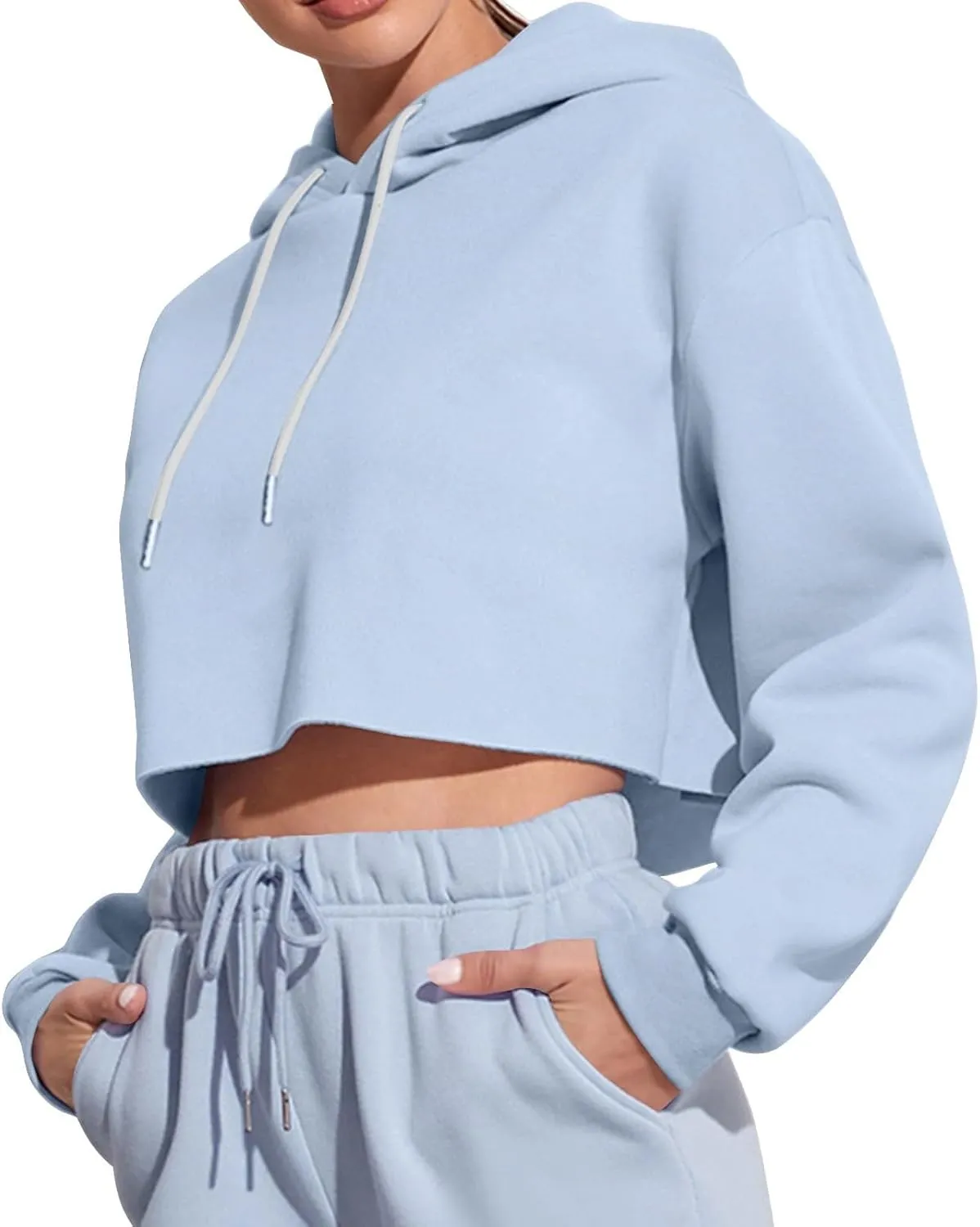 Womens Hoodies Long Sleeve Cropped Hoodies Pullover Drop Shoulder Drawstring Comfort Fall Sweatshirts Cute Hoodies