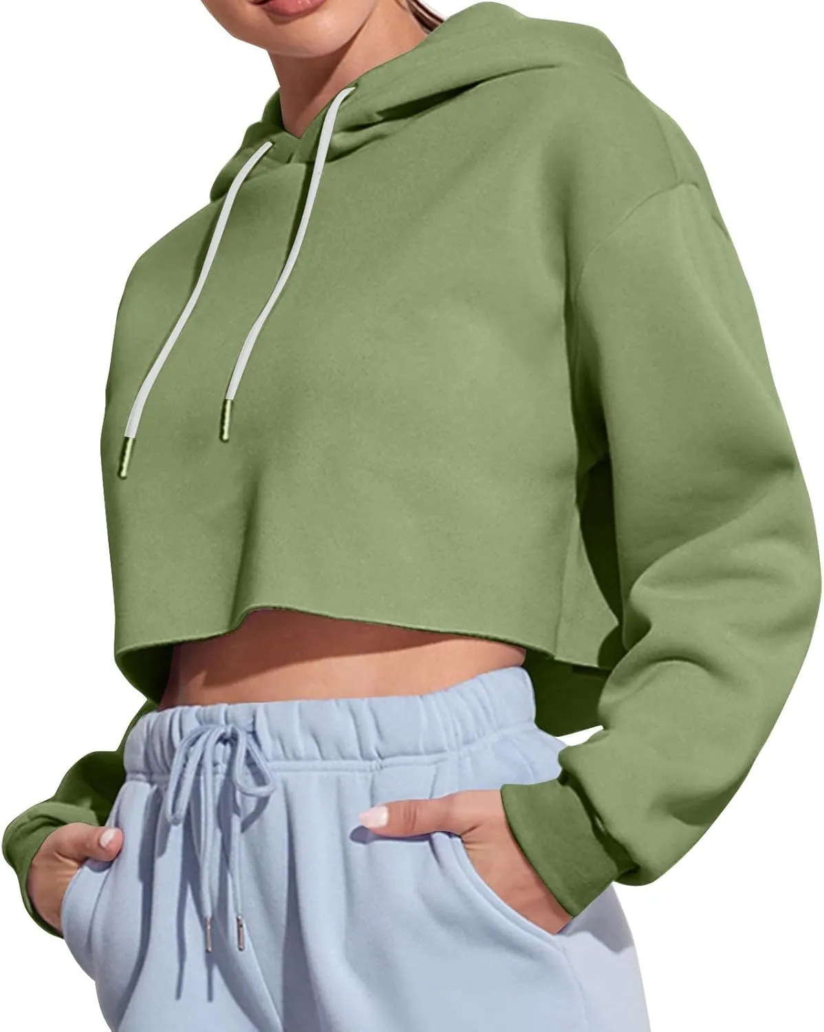 Womens Hoodies Long Sleeve Cropped Hoodies Pullover Drop Shoulder Drawstring Comfort Fall Sweatshirts Cute Hoodies