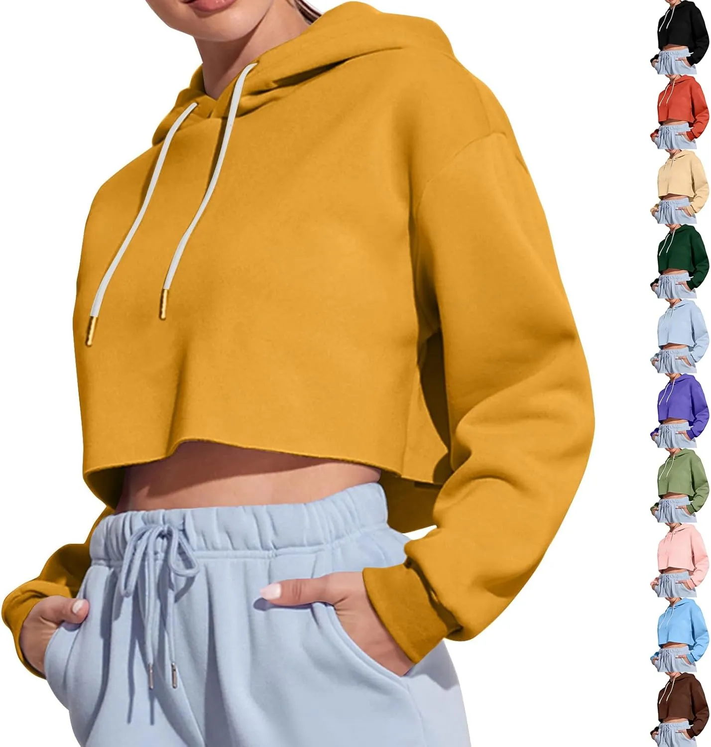 Womens Hoodies Long Sleeve Cropped Hoodies Pullover Drop Shoulder Drawstring Comfort Fall Sweatshirts Cute Hoodies