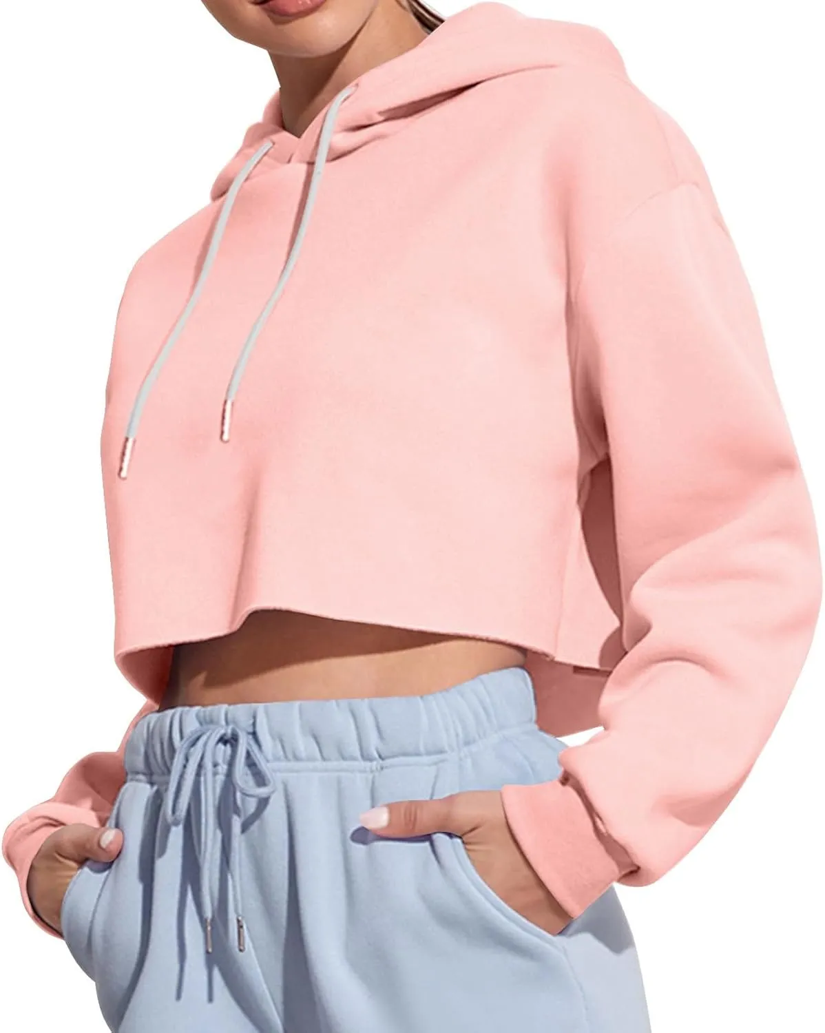 Womens Hoodies Long Sleeve Cropped Hoodies Pullover Drop Shoulder Drawstring Comfort Fall Sweatshirts Cute Hoodies