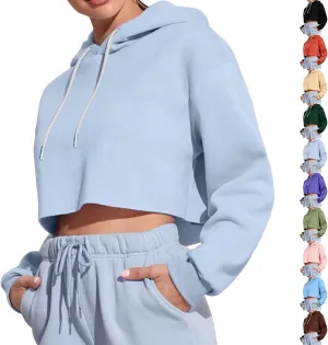 Womens Hoodies Long Sleeve Cropped Hoodies Pullover Drop Shoulder Drawstring Comfort Fall Sweatshirts Cute Hoodies
