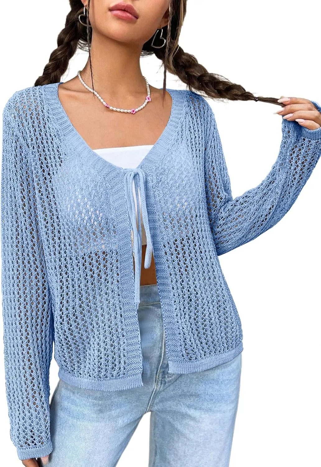 Womens Lightweight Crochet Cardigan Tie Front Shrugs Knit Crop Tops