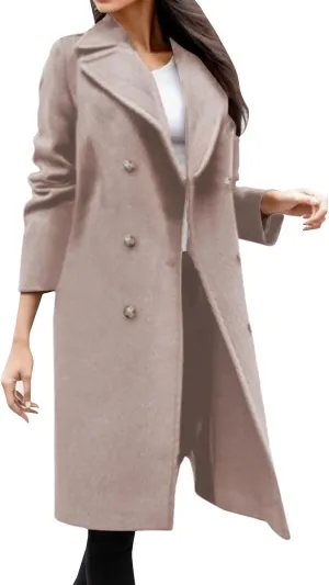 Women's Long Coat Notched Lapel Collar Double Breasted Pea Coat Winter Elegant Warm Wool Blend over Coats Jackets