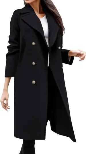 Women's Long Coat Notched Lapel Collar Double Breasted Pea Coat Winter Elegant Warm Wool Blend over Coats Jackets