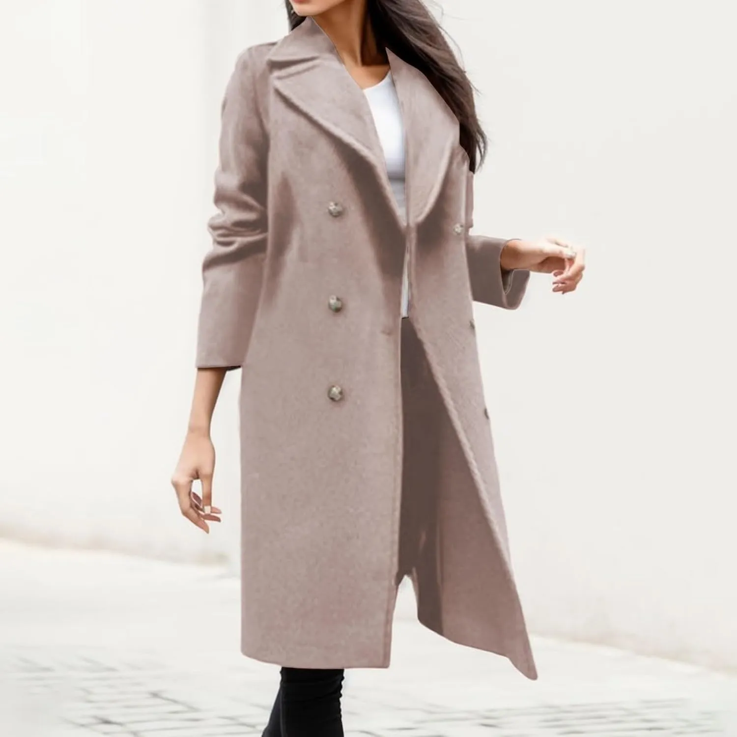 Women's Long Coat Notched Lapel Collar Double Breasted Pea Coat Winter Elegant Warm Wool Blend over Coats Jackets