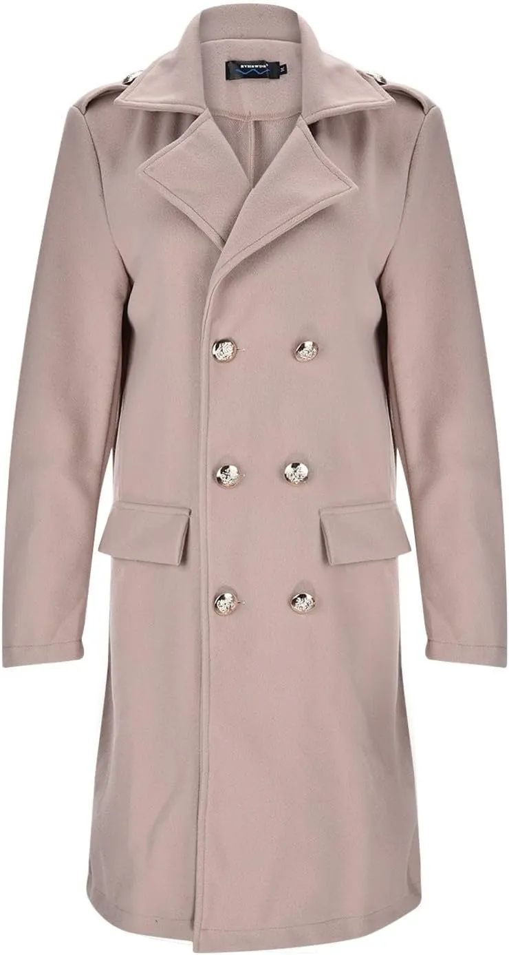 Women's Long Coat Notched Lapel Collar Double Breasted Pea Coat Winter Elegant Warm Wool Blend over Coats Jackets