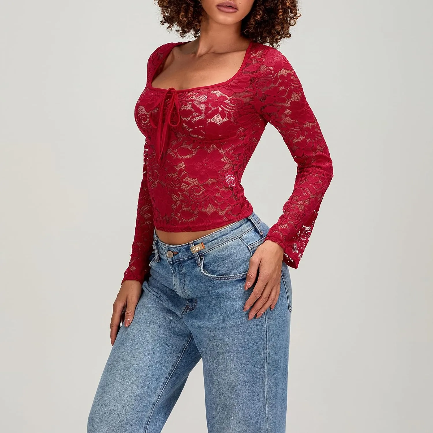 Womens Long Sleeve V Neck Tops Going Out Crop Tops Sexy Slim Fit Cross Wrap Blouses Lace Shirts Crop Tops