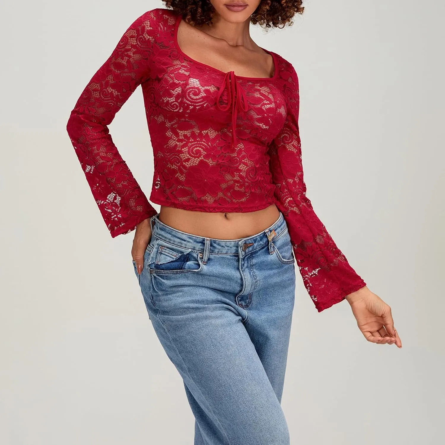 Womens Long Sleeve V Neck Tops Going Out Crop Tops Sexy Slim Fit Cross Wrap Blouses Lace Shirts Crop Tops
