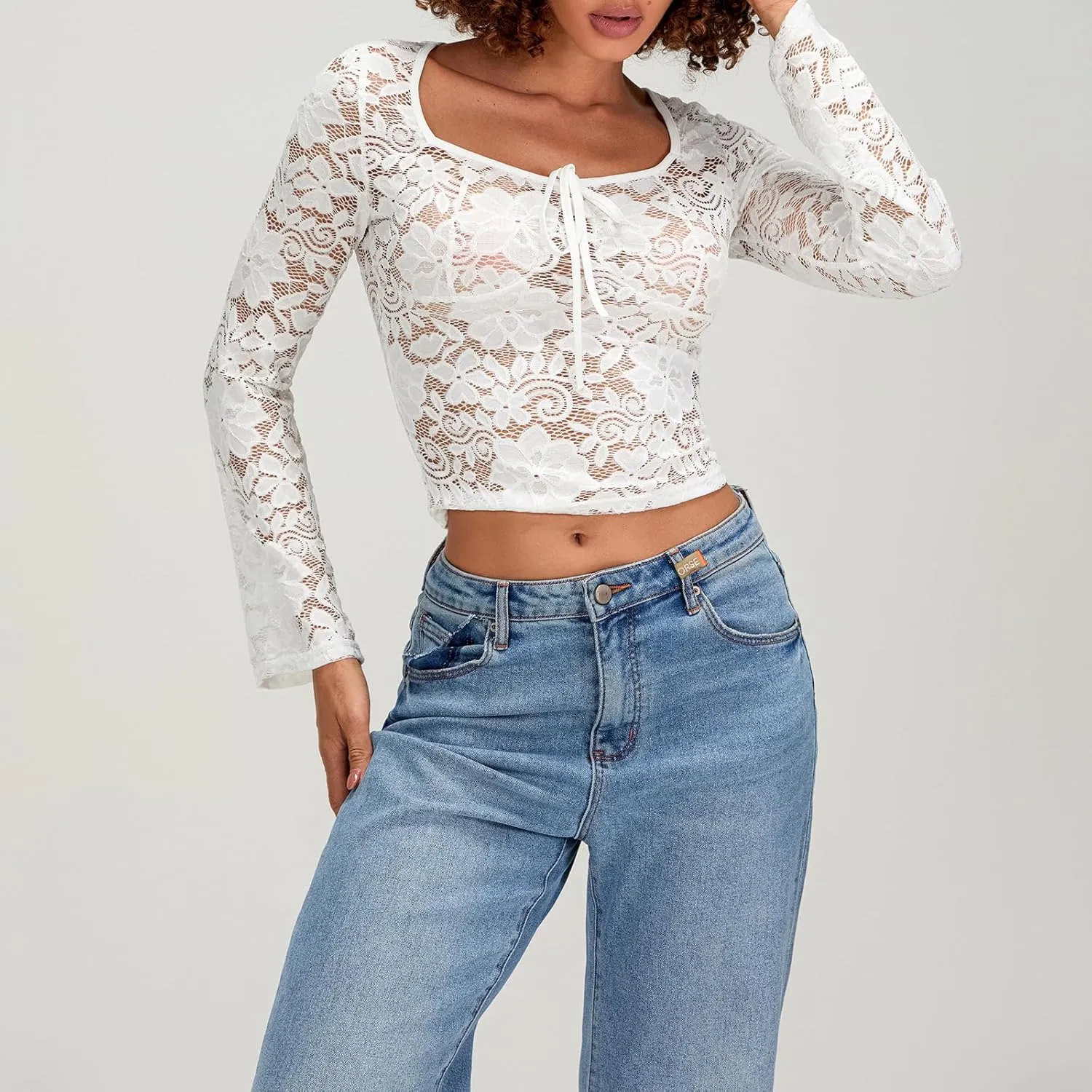 Womens Long Sleeve V Neck Tops Going Out Crop Tops Sexy Slim Fit Cross Wrap Blouses Lace Shirts Crop Tops