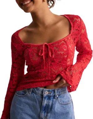 Womens Long Sleeve V Neck Tops Going Out Crop Tops Sexy Slim Fit Cross Wrap Blouses Lace Shirts Crop Tops