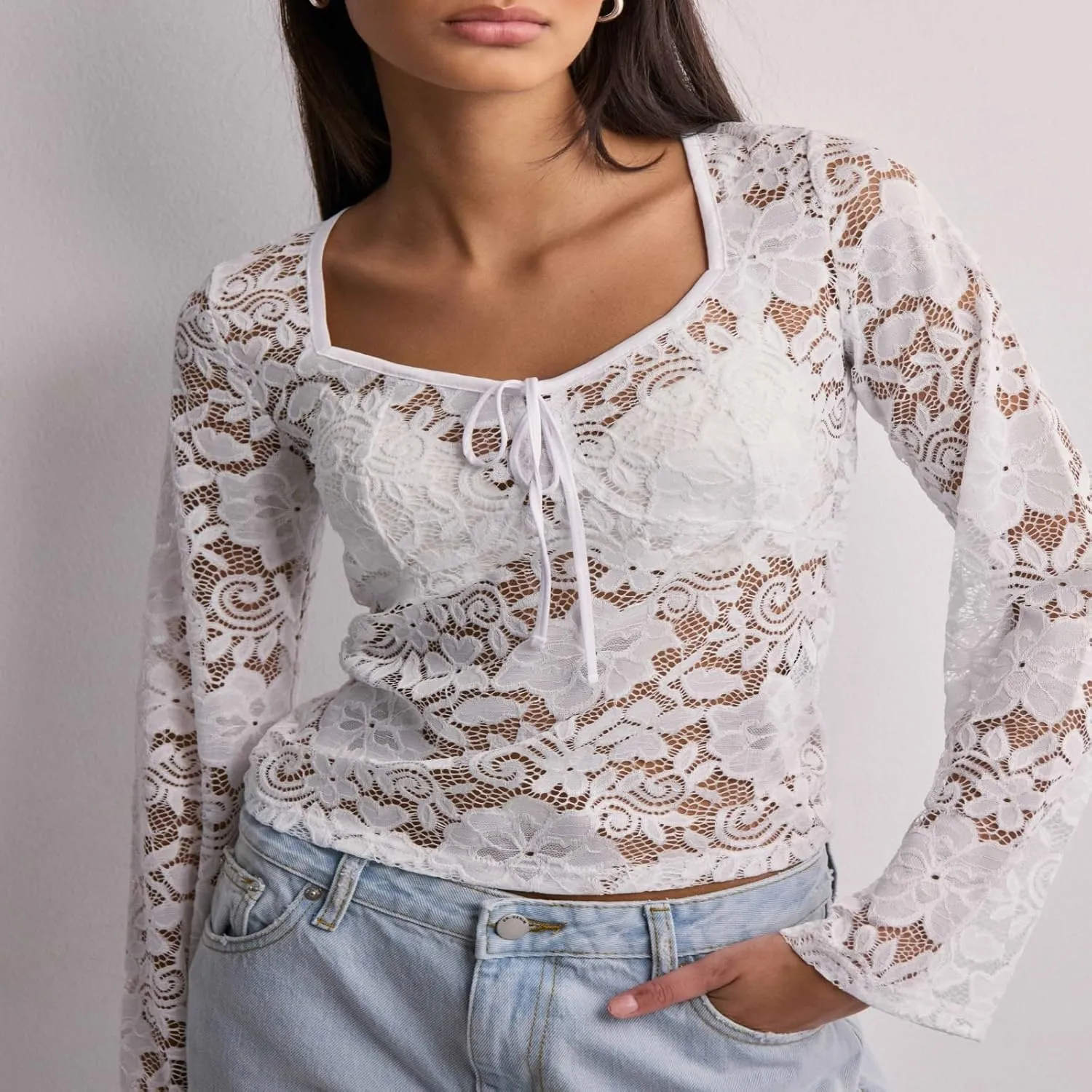 Womens Long Sleeve V Neck Tops Going Out Crop Tops Sexy Slim Fit Cross Wrap Blouses Lace Shirts Crop Tops