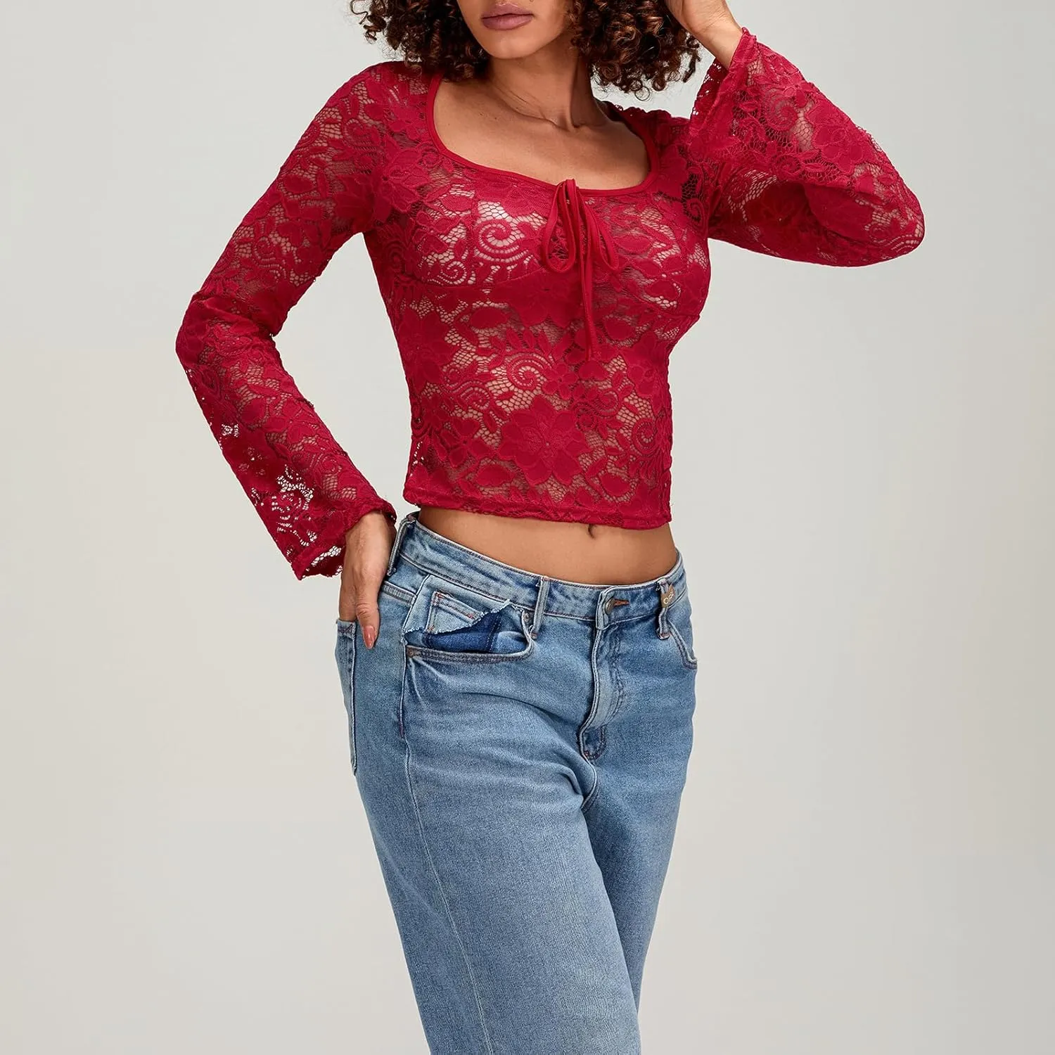 Womens Long Sleeve V Neck Tops Going Out Crop Tops Sexy Slim Fit Cross Wrap Blouses Lace Shirts Crop Tops