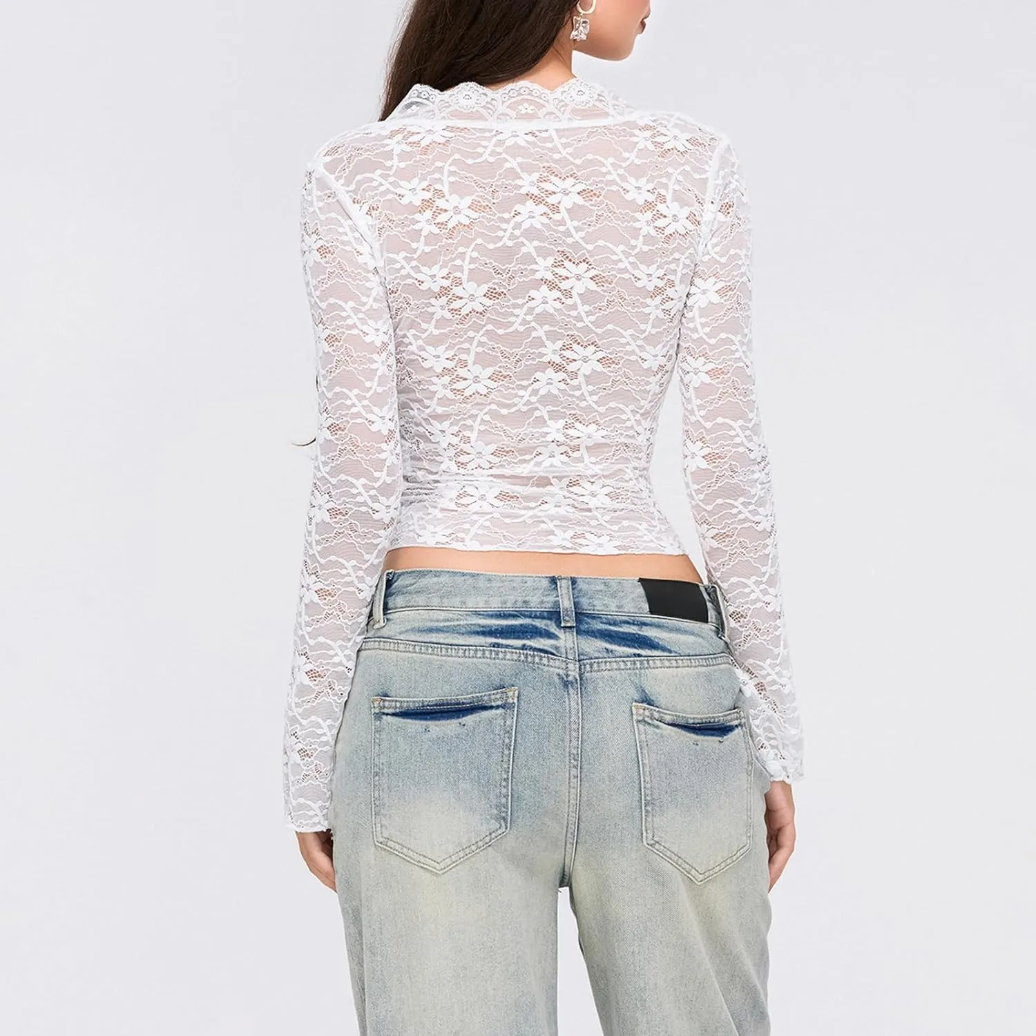 Womens Long Sleeve V Neck Tops Going Out Crop Tops Sexy Slim Fit Cross Wrap Blouses Lace Shirts Crop Tops