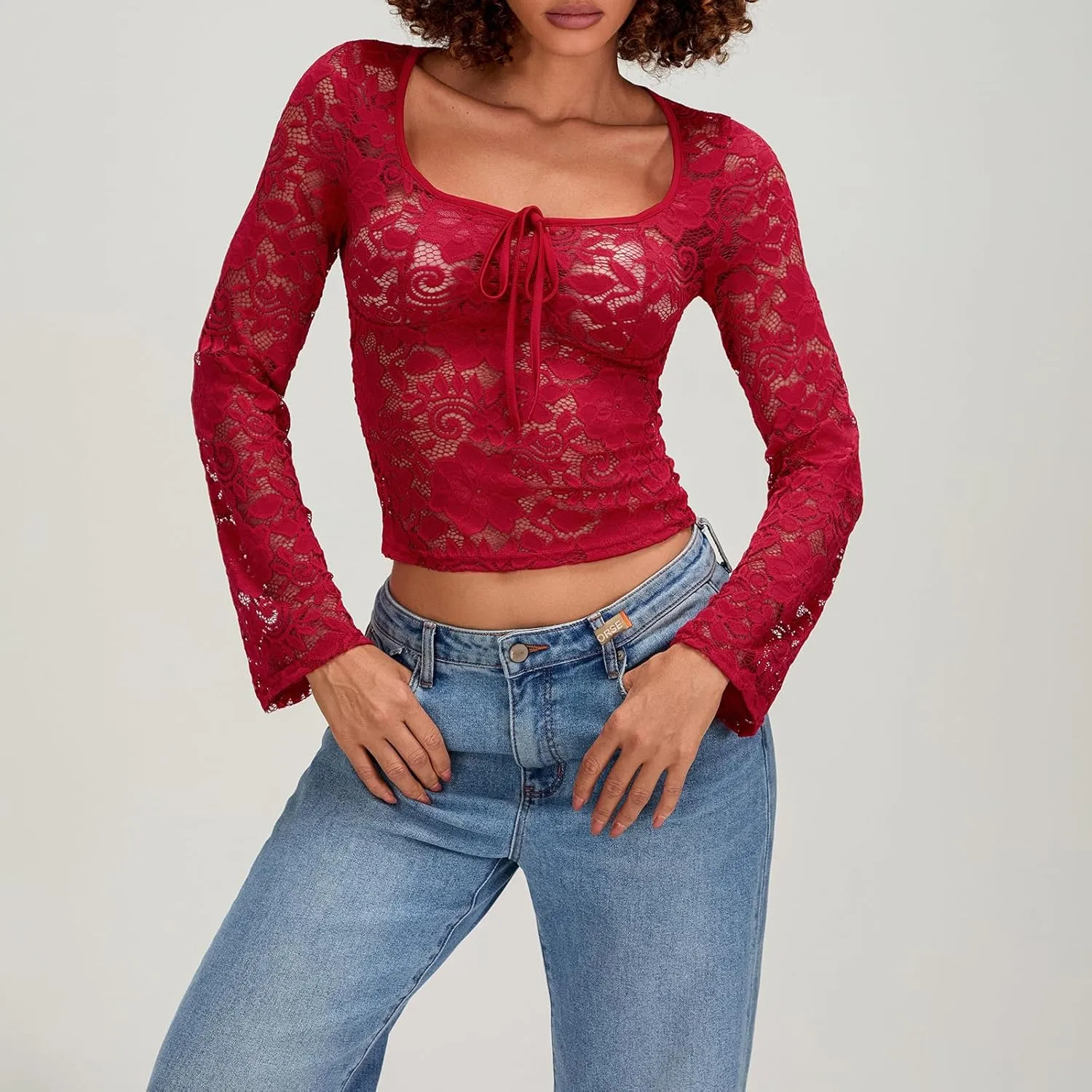 Womens Long Sleeve V Neck Tops Going Out Crop Tops Sexy Slim Fit Cross Wrap Blouses Lace Shirts Crop Tops