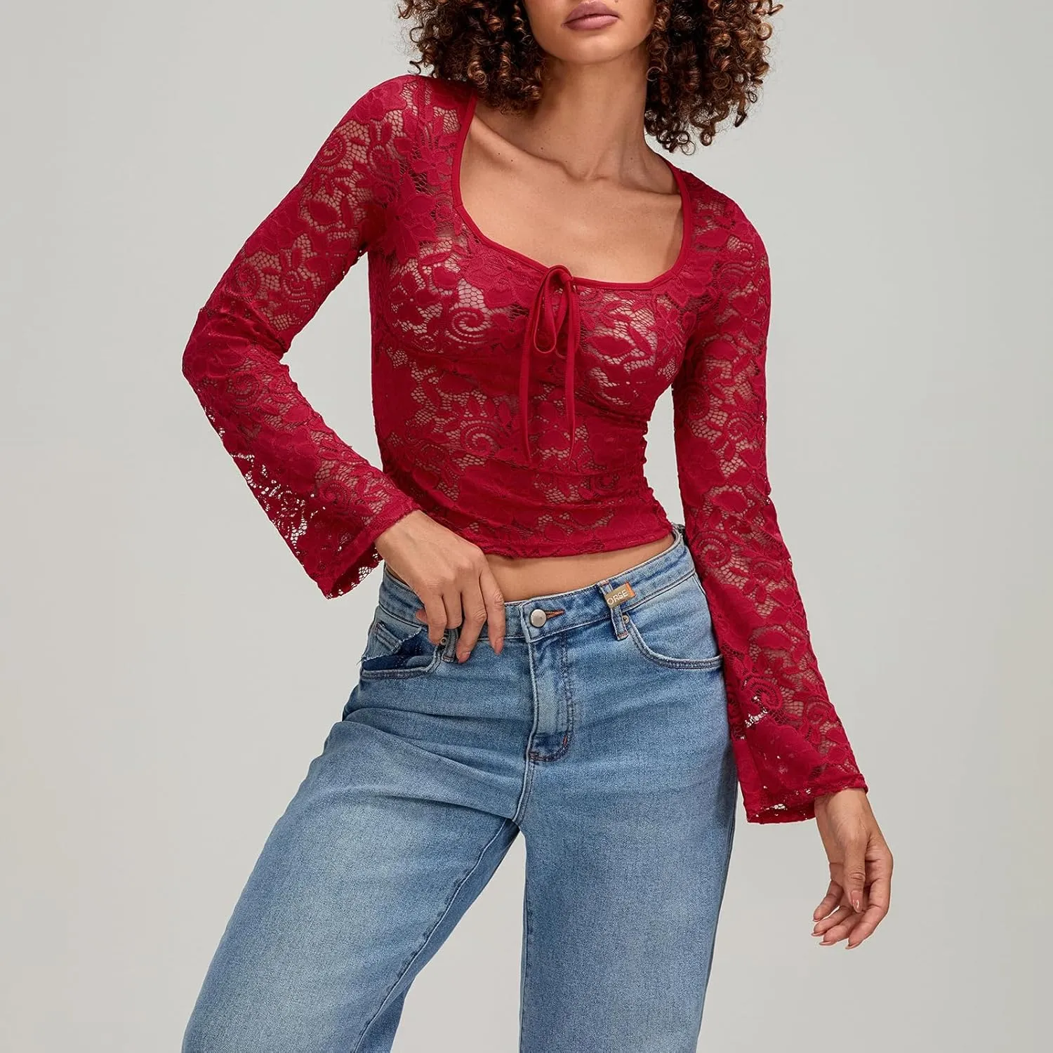 Womens Long Sleeve V Neck Tops Going Out Crop Tops Sexy Slim Fit Cross Wrap Blouses Lace Shirts Crop Tops