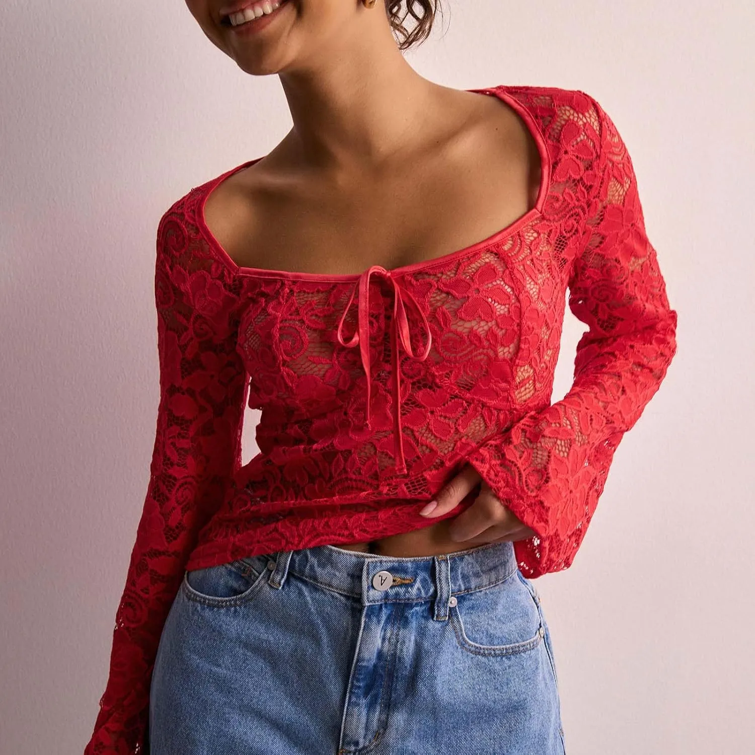 Womens Long Sleeve V Neck Tops Going Out Crop Tops Sexy Slim Fit Cross Wrap Blouses Lace Shirts Crop Tops