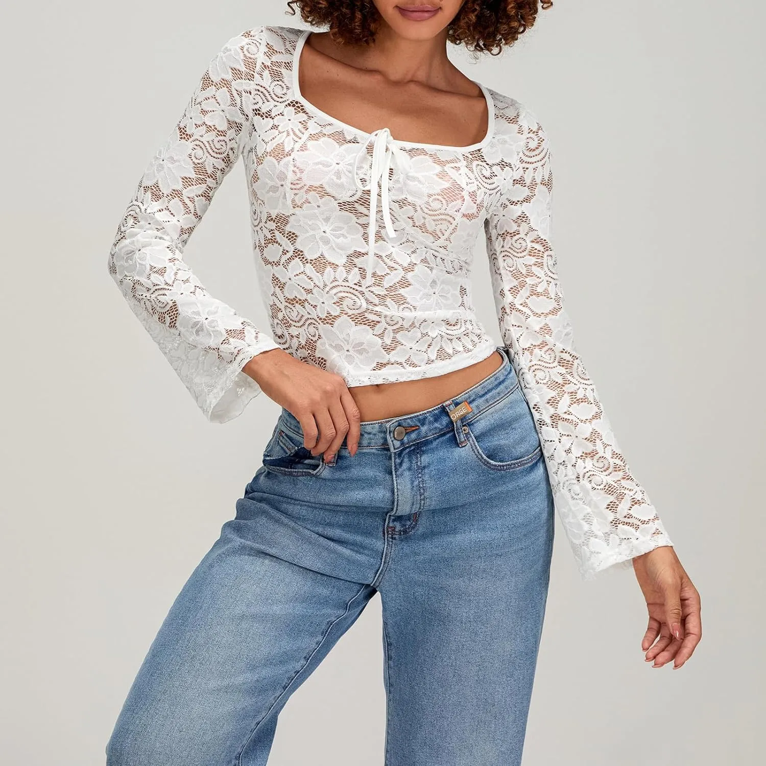 Womens Long Sleeve V Neck Tops Going Out Crop Tops Sexy Slim Fit Cross Wrap Blouses Lace Shirts Crop Tops