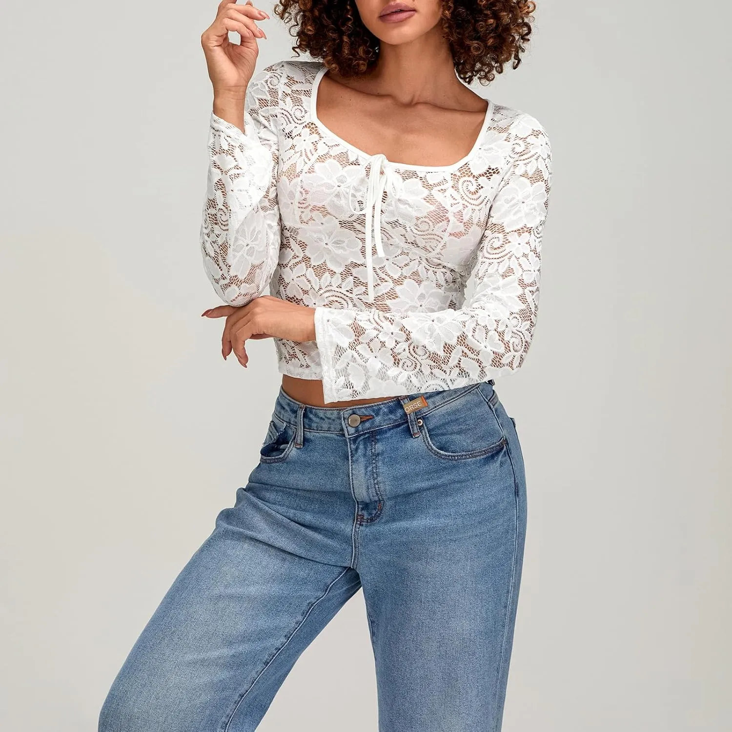 Womens Long Sleeve V Neck Tops Going Out Crop Tops Sexy Slim Fit Cross Wrap Blouses Lace Shirts Crop Tops