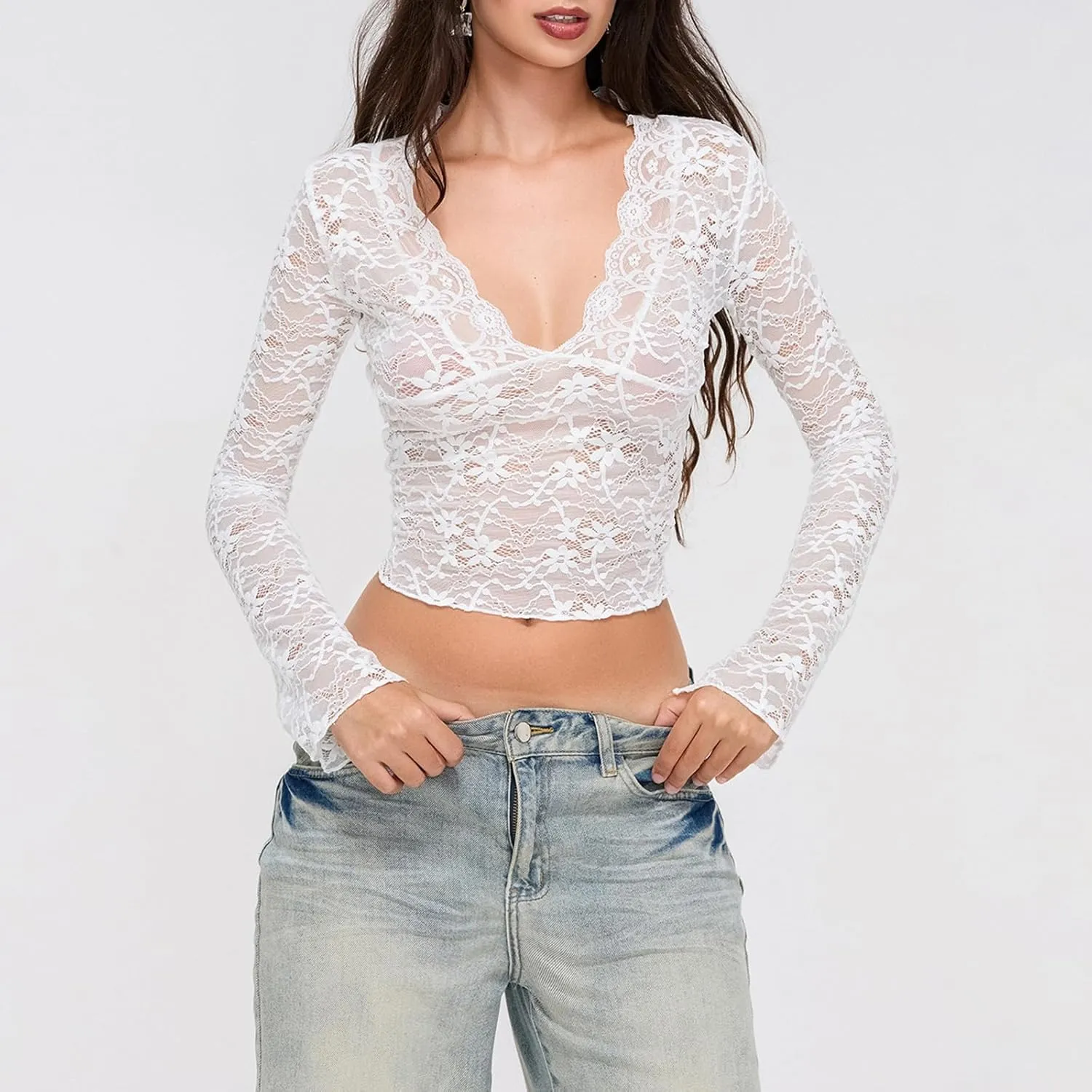 Womens Long Sleeve V Neck Tops Going Out Crop Tops Sexy Slim Fit Cross Wrap Blouses Lace Shirts Crop Tops