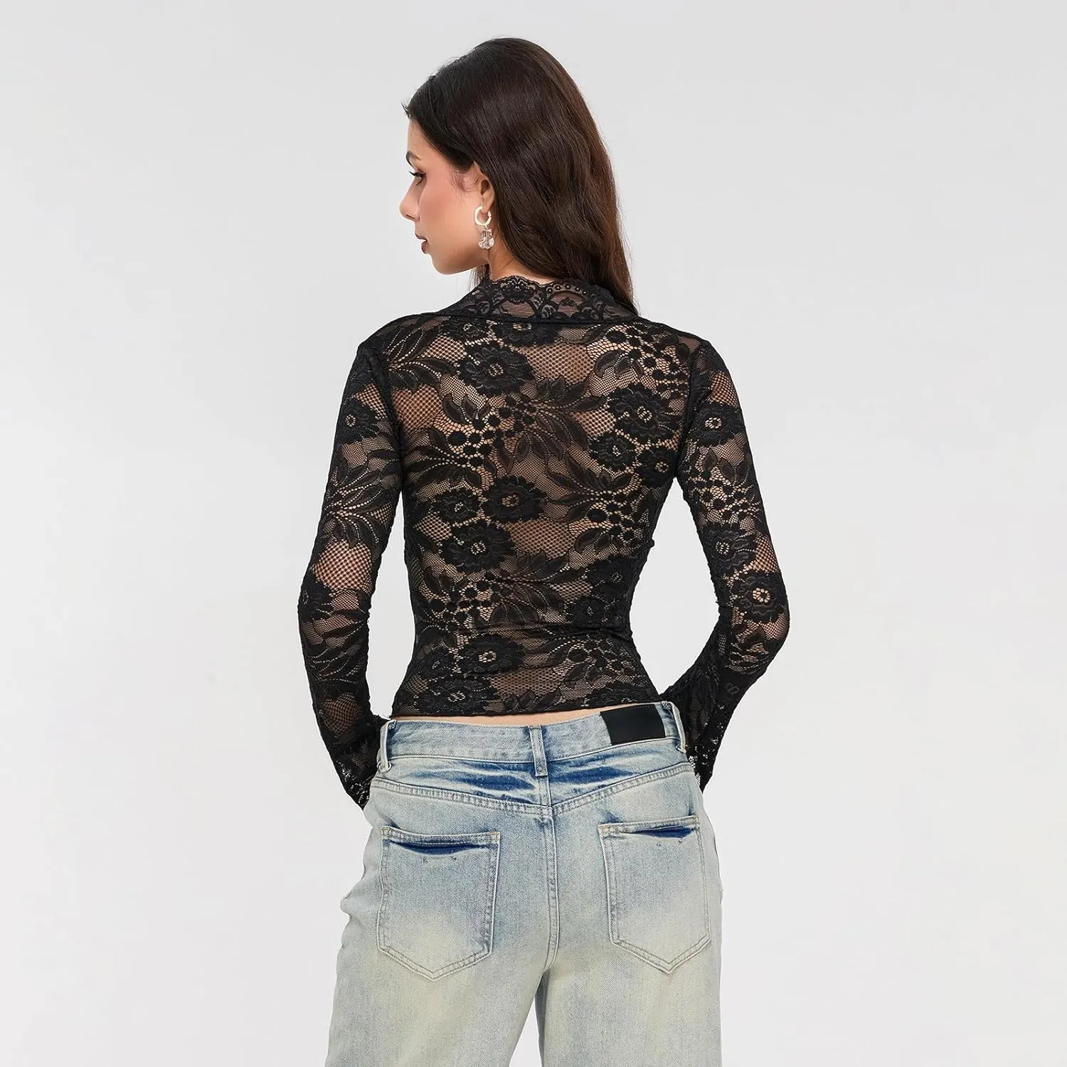 Womens Long Sleeve V Neck Tops Going Out Crop Tops Sexy Slim Fit Cross Wrap Blouses Lace Shirts Crop Tops
