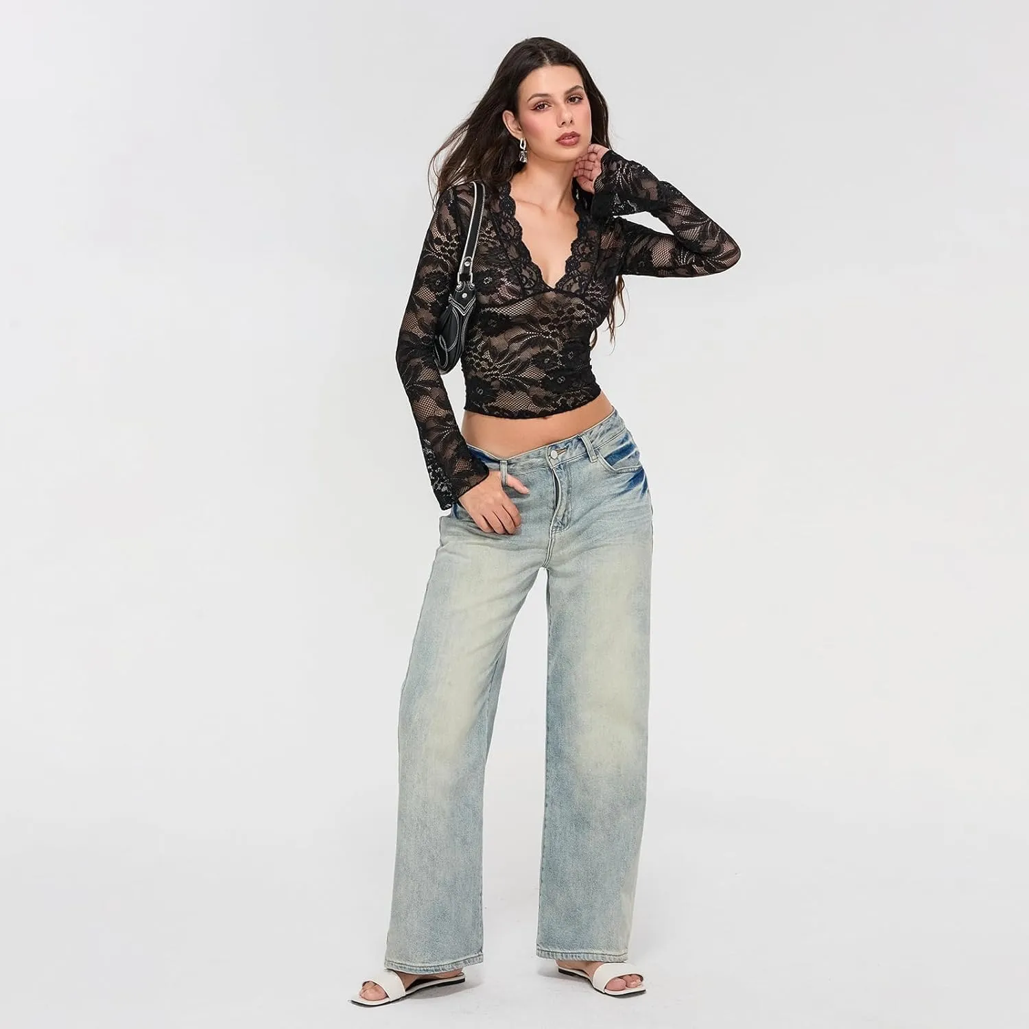 Womens Long Sleeve V Neck Tops Going Out Crop Tops Sexy Slim Fit Cross Wrap Blouses Lace Shirts Crop Tops