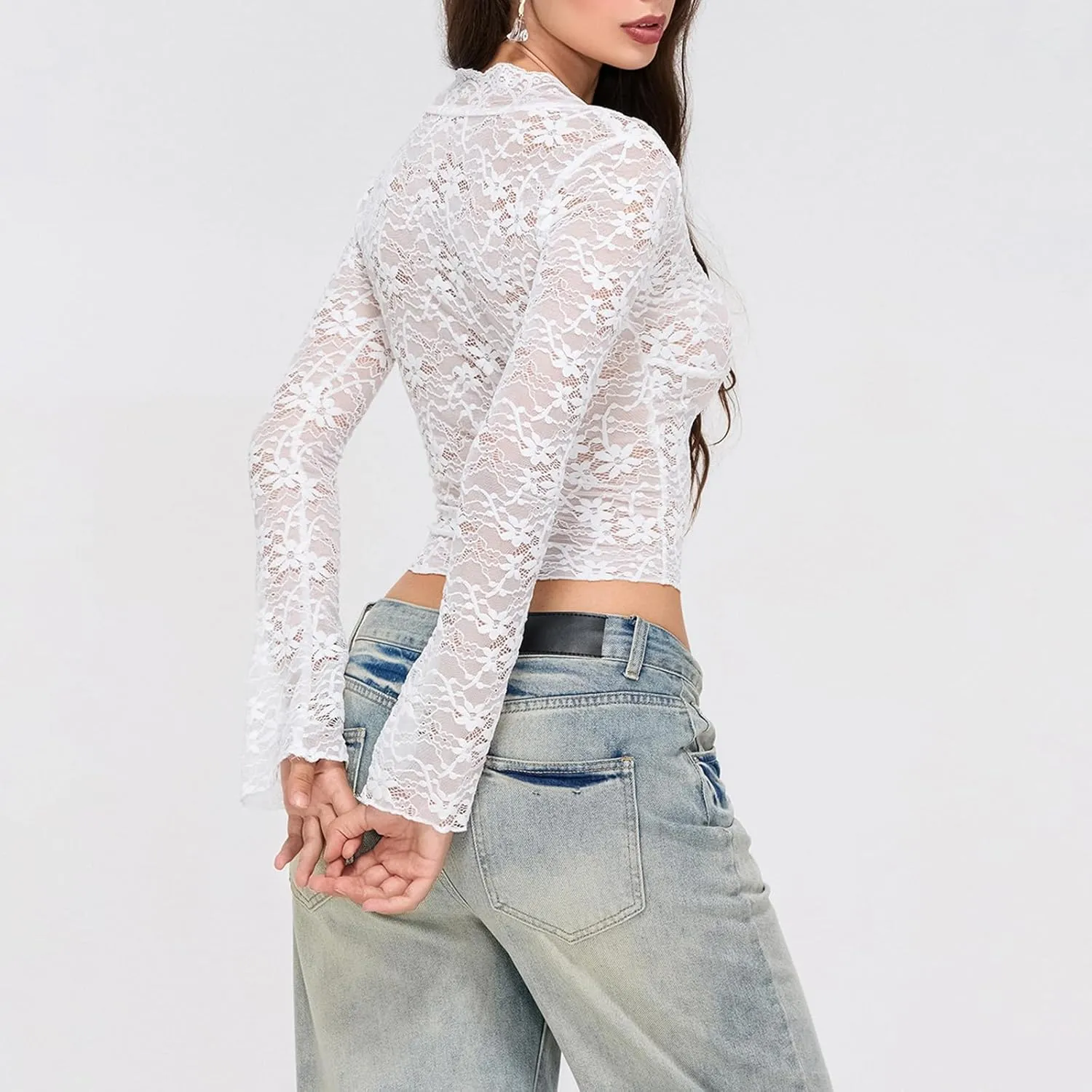 Womens Long Sleeve V Neck Tops Going Out Crop Tops Sexy Slim Fit Cross Wrap Blouses Lace Shirts Crop Tops