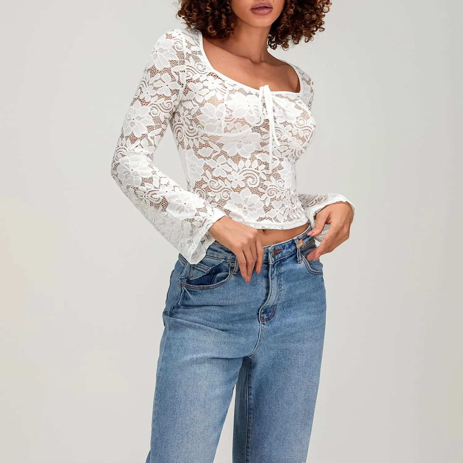 Womens Long Sleeve V Neck Tops Going Out Crop Tops Sexy Slim Fit Cross Wrap Blouses Lace Shirts Crop Tops