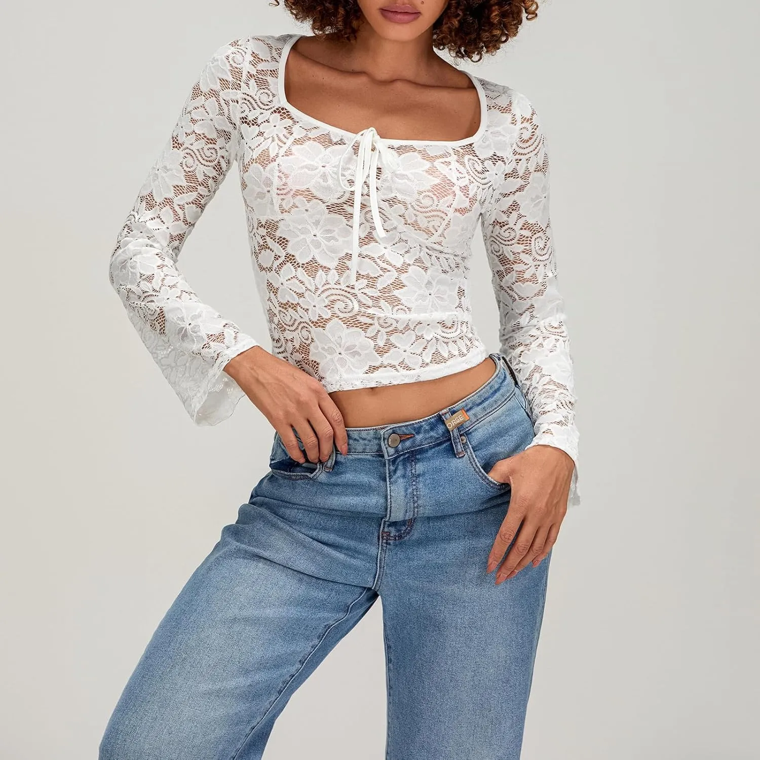 Womens Long Sleeve V Neck Tops Going Out Crop Tops Sexy Slim Fit Cross Wrap Blouses Lace Shirts Crop Tops