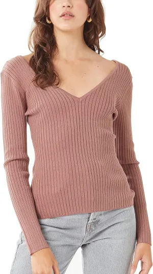 Womens Pullover Slim Fit Ribbed Long Sleeve Sweater - V-Neck Basic Sweater Top