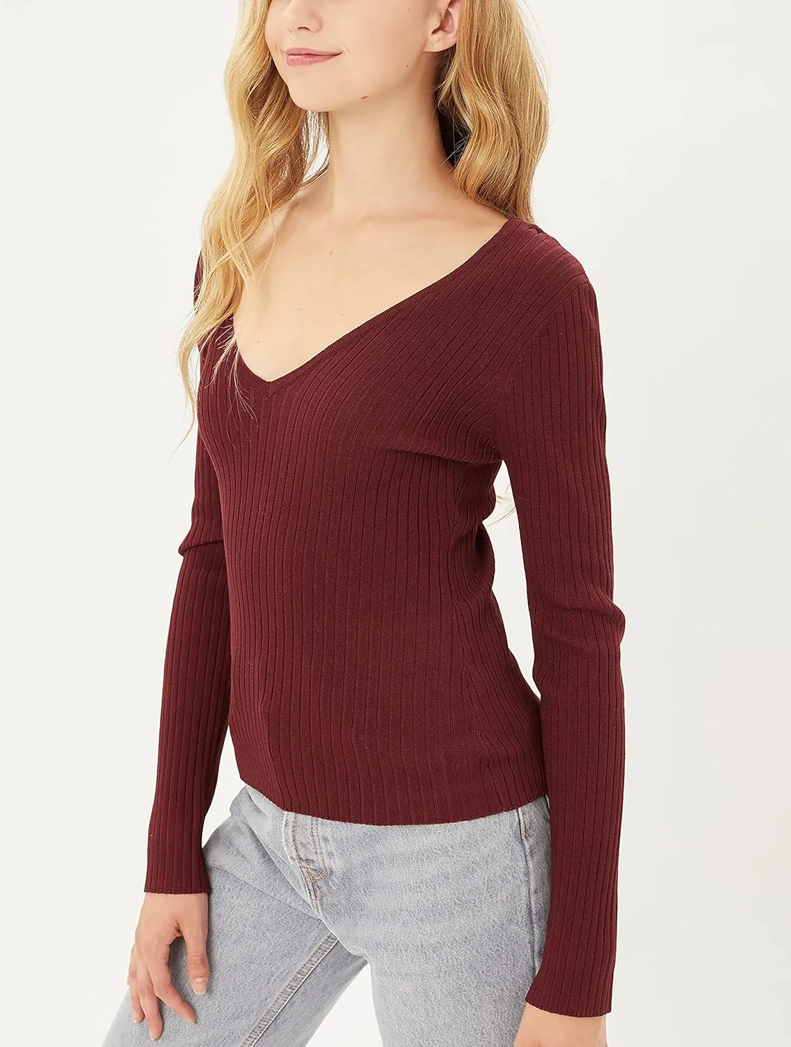 Womens Pullover Slim Fit Ribbed Long Sleeve Sweater - V-Neck Basic Sweater Top