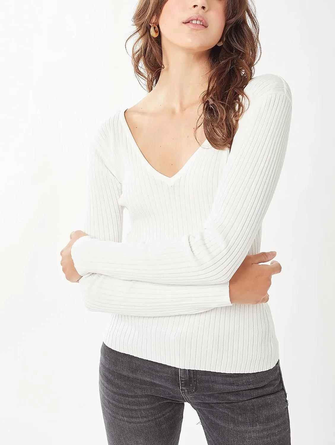 Womens Pullover Slim Fit Ribbed Long Sleeve Sweater - V-Neck Basic Sweater Top