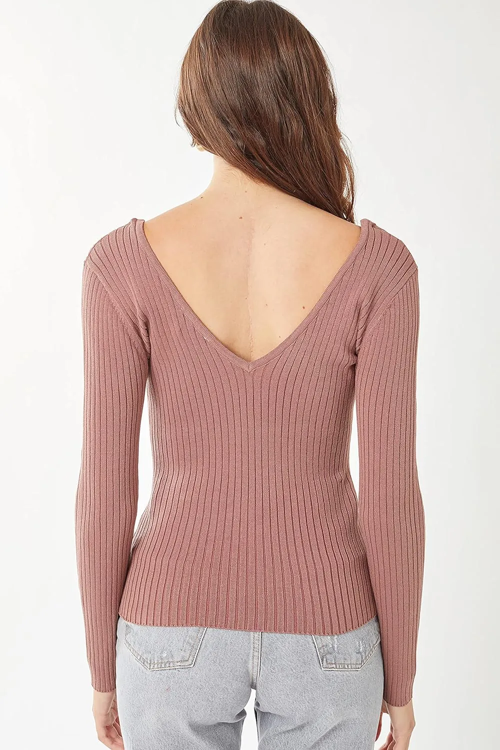 Womens Pullover Slim Fit Ribbed Long Sleeve Sweater - V-Neck Basic Sweater Top