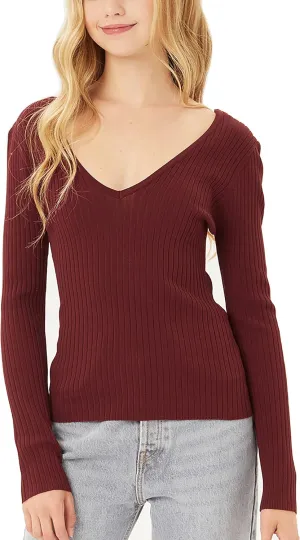 Womens Pullover Slim Fit Ribbed Long Sleeve Sweater - V-Neck Basic Sweater Top