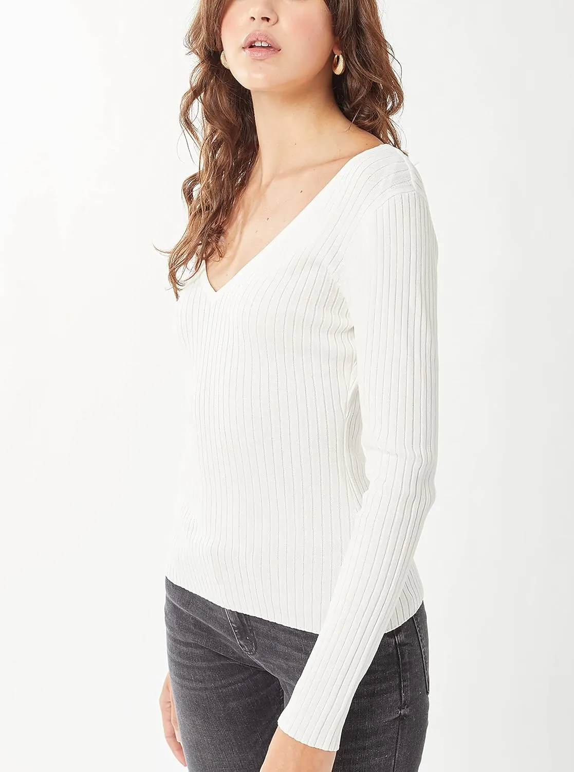 Womens Pullover Slim Fit Ribbed Long Sleeve Sweater - V-Neck Basic Sweater Top