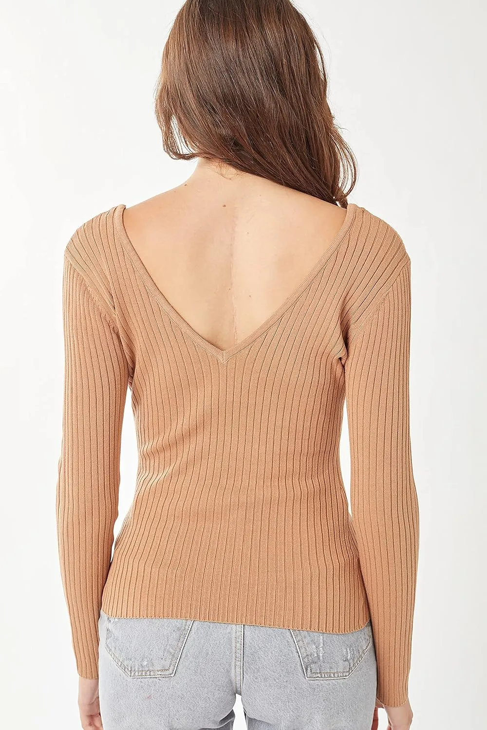 Womens Pullover Slim Fit Ribbed Long Sleeve Sweater - V-Neck Basic Sweater Top