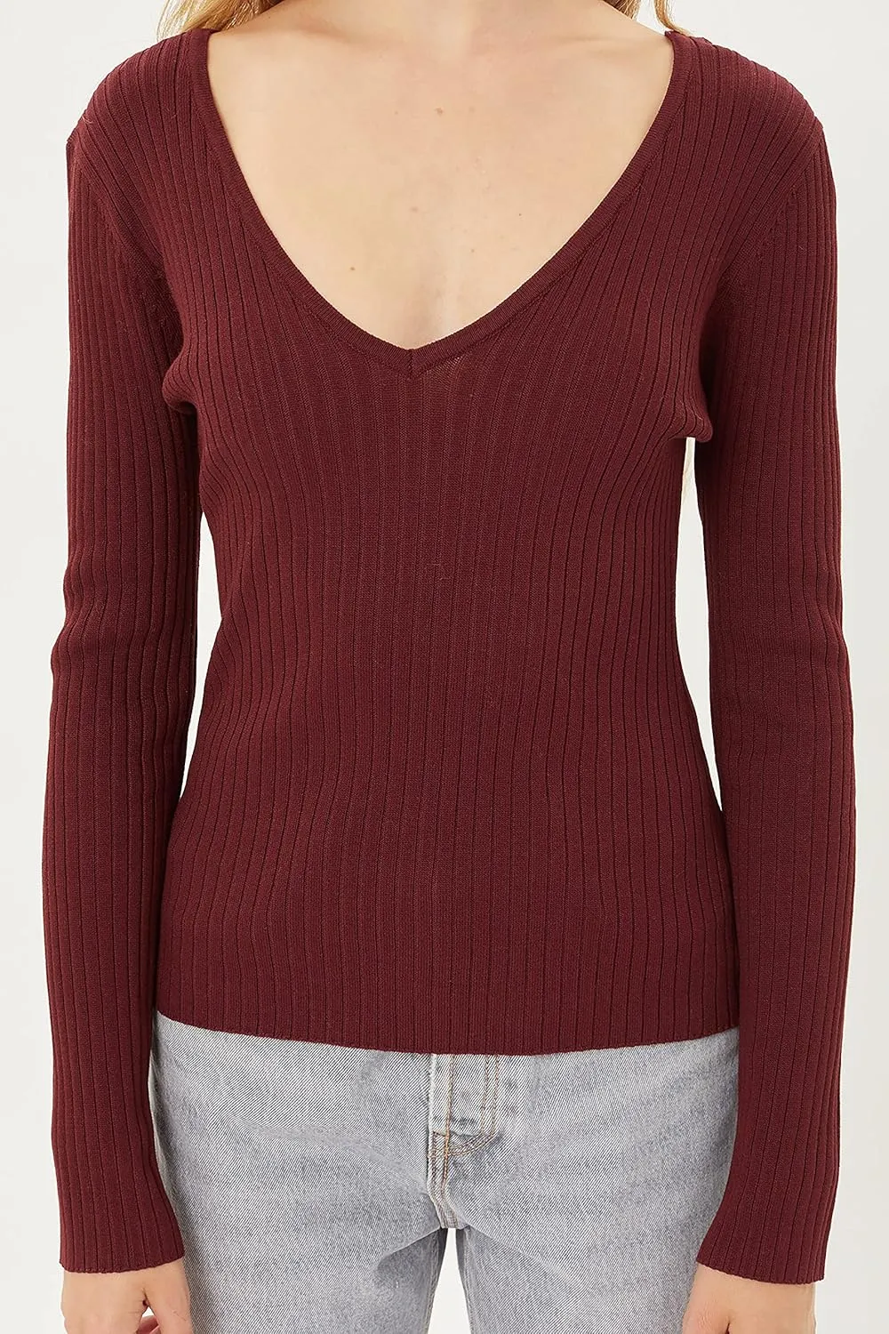Womens Pullover Slim Fit Ribbed Long Sleeve Sweater - V-Neck Basic Sweater Top