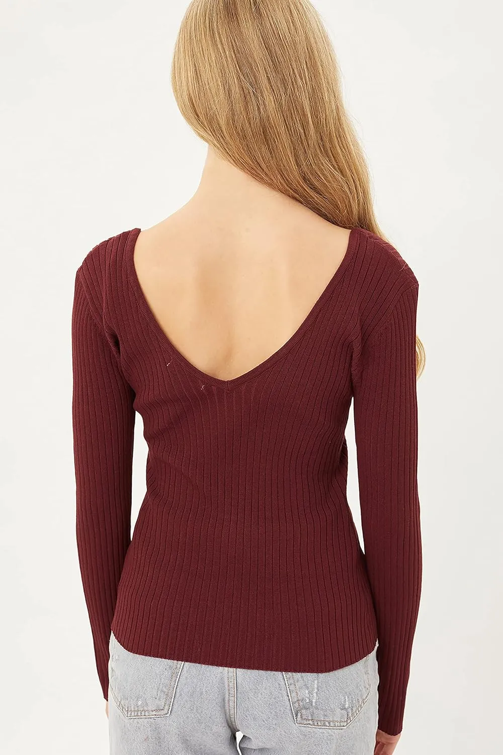 Womens Pullover Slim Fit Ribbed Long Sleeve Sweater - V-Neck Basic Sweater Top