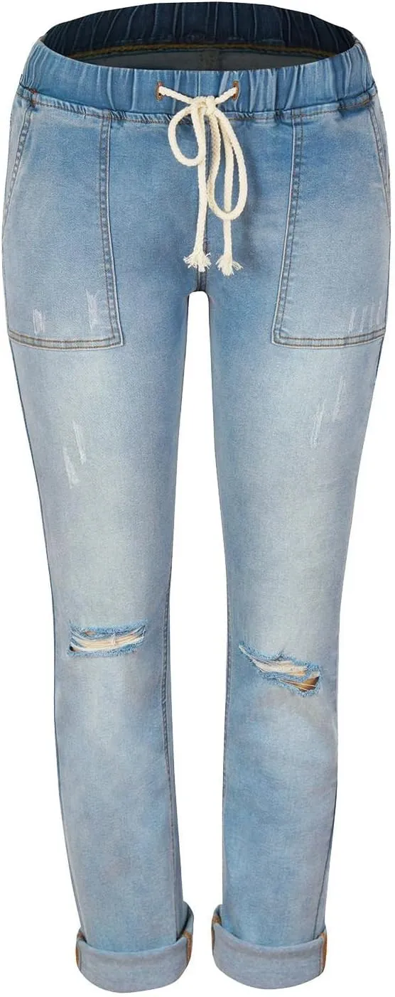 Women's Ripped Boyfriend Jeans Distressed Straight High-Rise Elastic Street Style Pants Long Paddy Hole Casual Distressed
