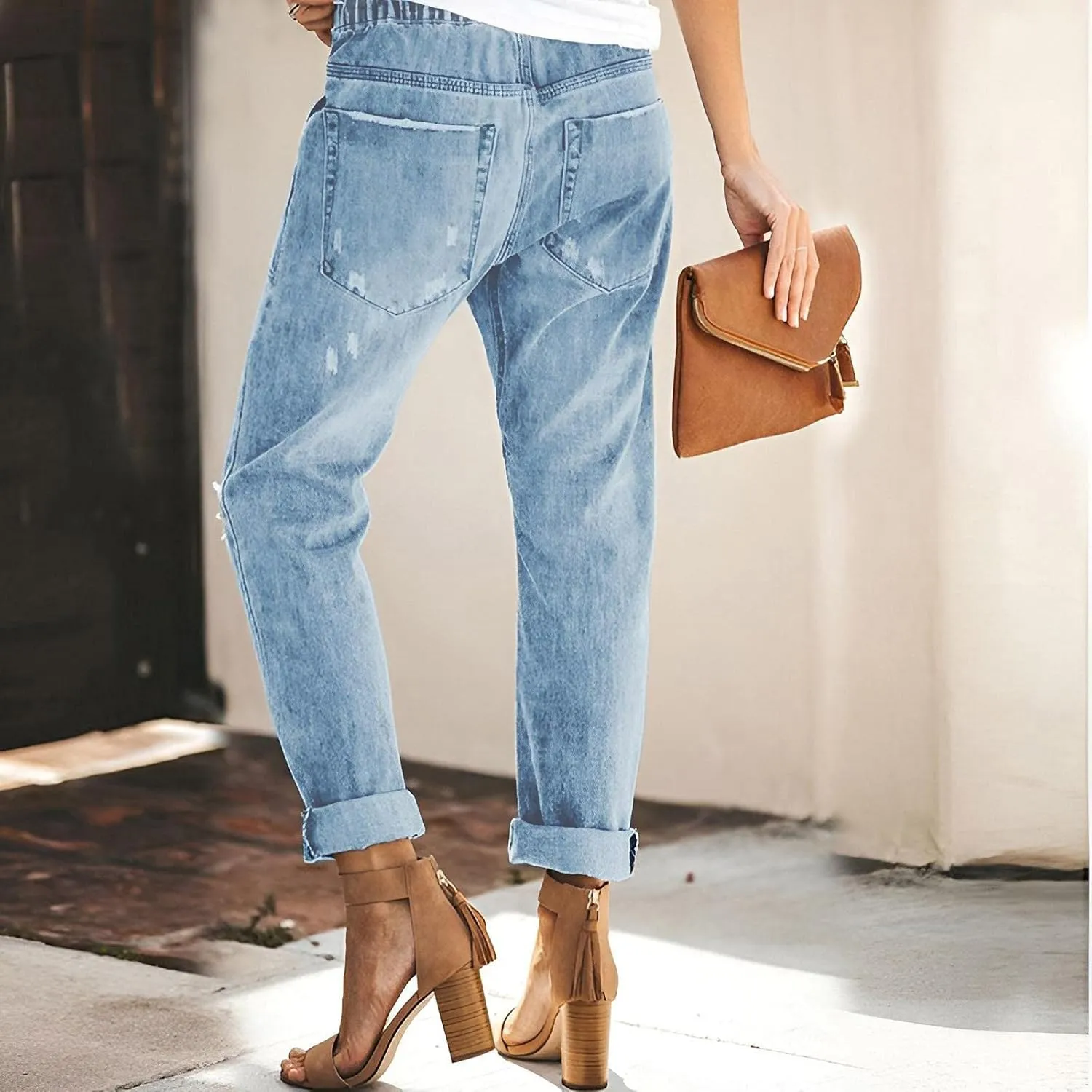 Women's Ripped Boyfriend Jeans Distressed Straight High-Rise Elastic Street Style Pants Long Paddy Hole Casual Distressed