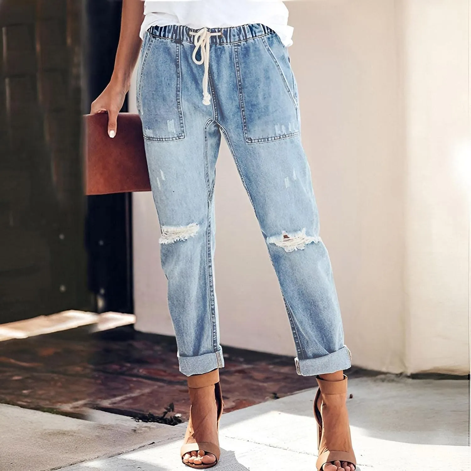 Women's Ripped Boyfriend Jeans Distressed Straight High-Rise Elastic Street Style Pants Long Paddy Hole Casual Distressed