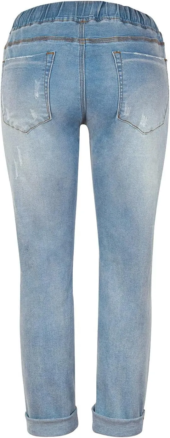 Women's Ripped Boyfriend Jeans Distressed Straight High-Rise Elastic Street Style Pants Long Paddy Hole Casual Distressed