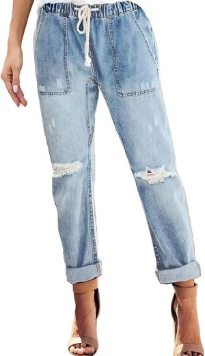 Women's Ripped Boyfriend Jeans Distressed Straight High-Rise Elastic Street Style Pants Long Paddy Hole Casual Distressed