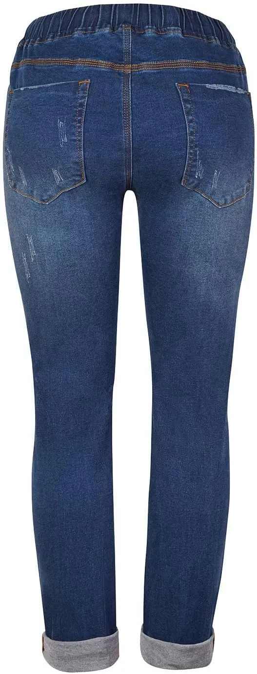 Women's Ripped Boyfriend Jeans Distressed Straight High-Rise Elastic Street Style Pants Loose Long Skinny Casual Strecthy